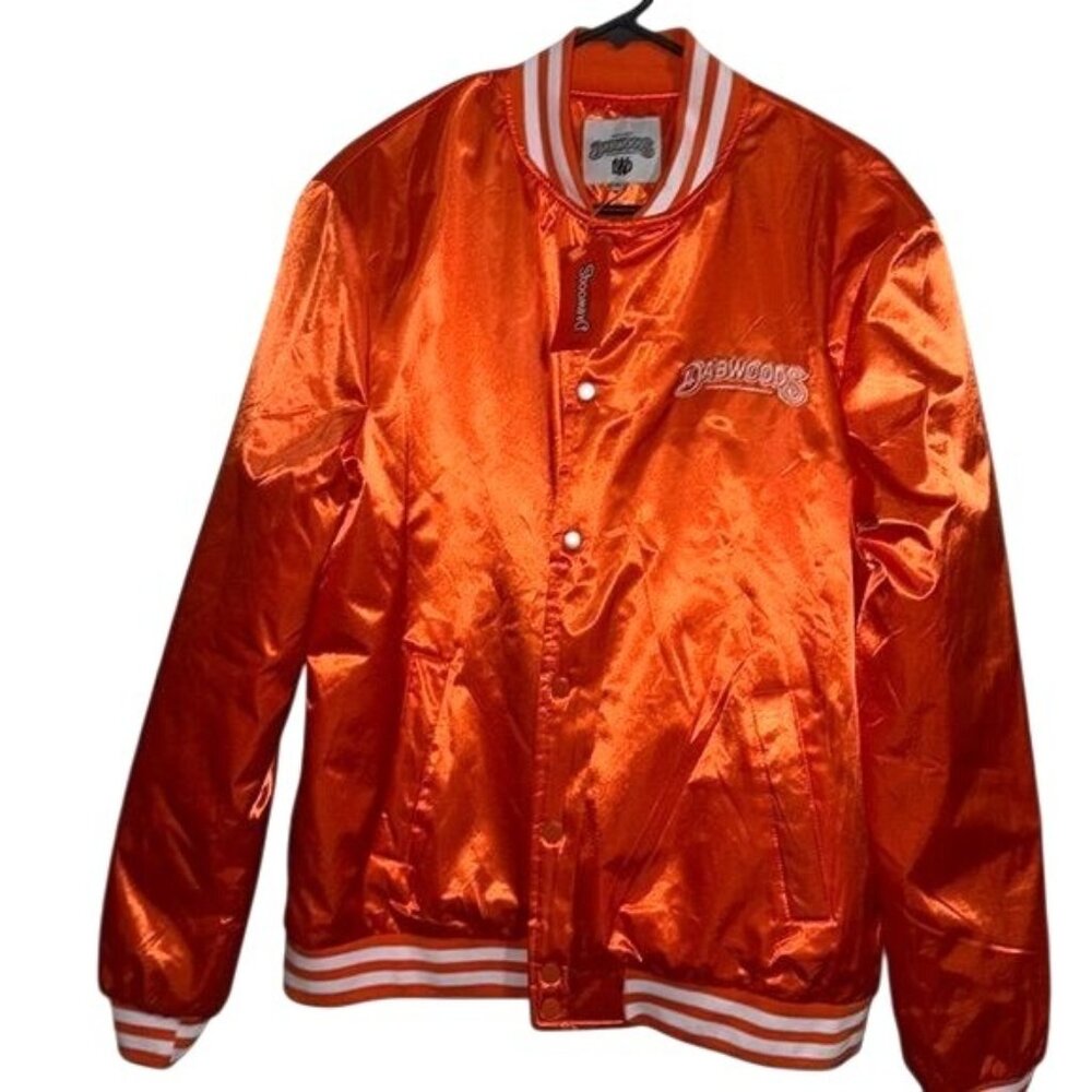 Dabwoods Orange Satin Bomber Jacket With Striped Ribbed Trim & Snap Buttons